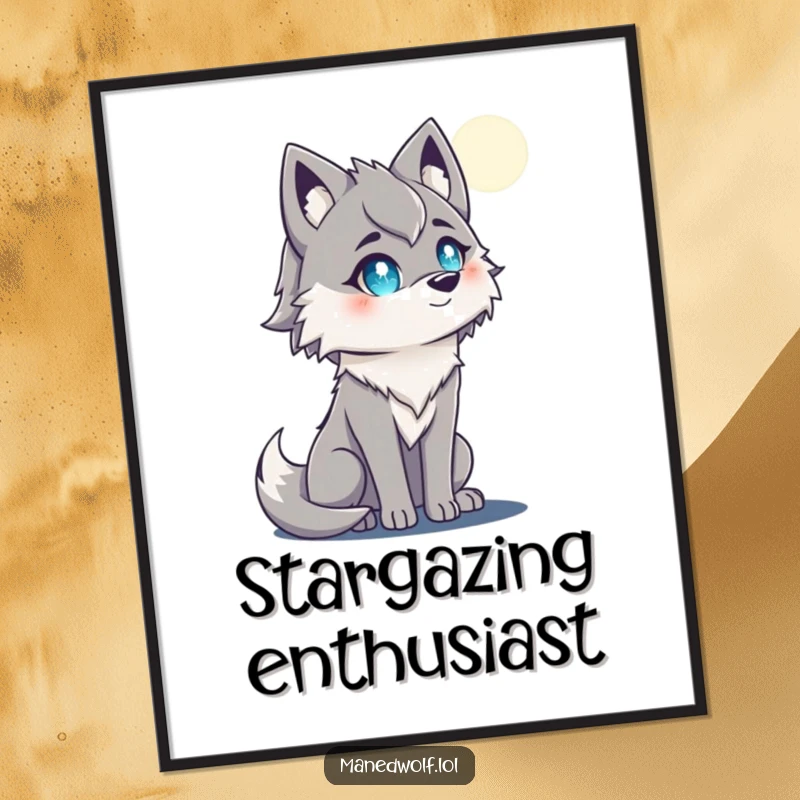 Funny maned wolf digital art print with sparkling eyes looking at the moon, creating a mystical vibe.