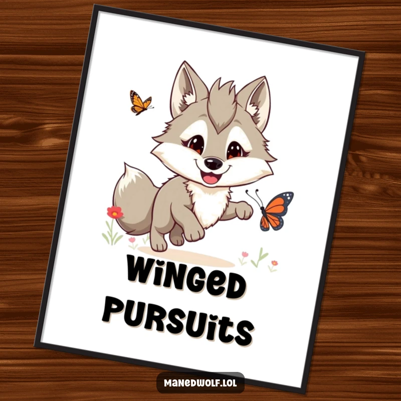 Funny maned wolf digital art print showing a joyful wolf with a wide grin chasing a delicate butterfly.