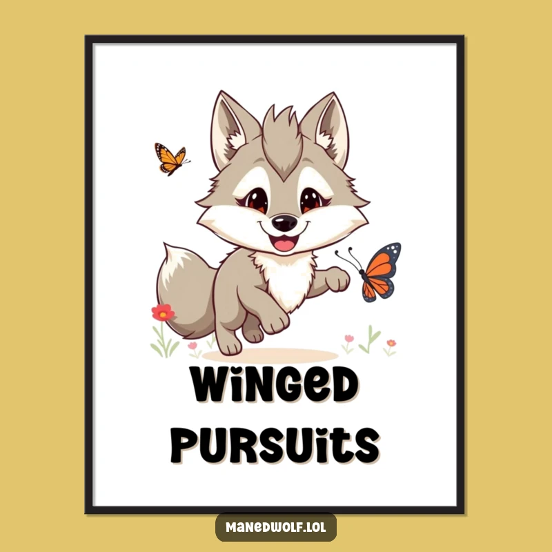Funny Maned Wolf Butterfly Chase Digital Print: Instant Wildly Hilarious Decor!