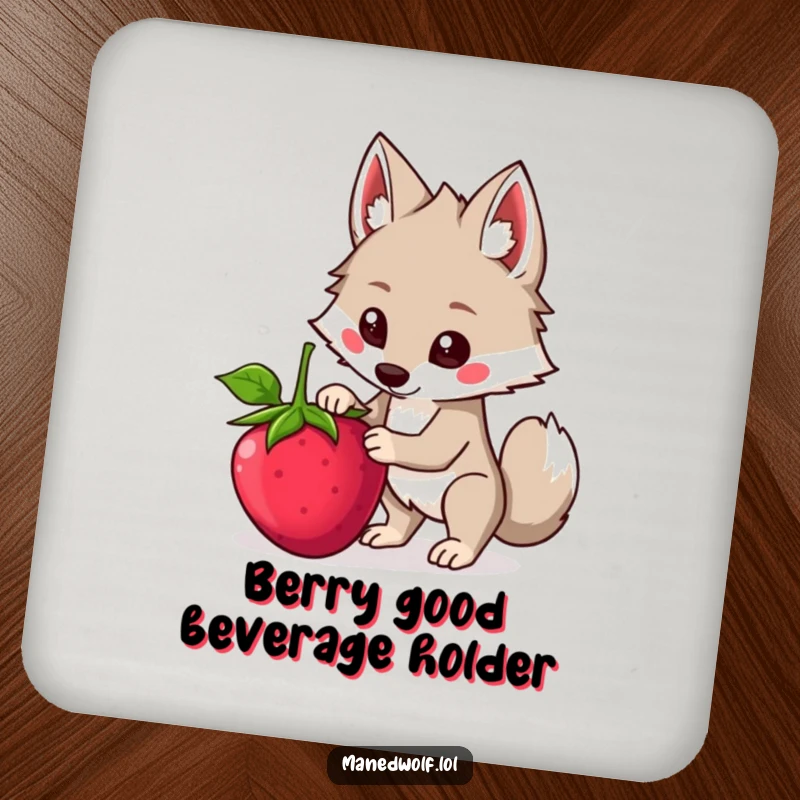 Funny Kawaii Maned Wolf Coaster featuring a cute wolf attempting to balance a large berry, adding humorous art to your tables.