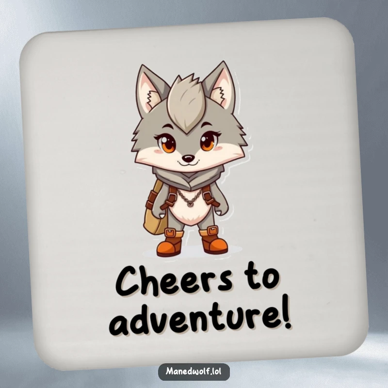 Funny drink coaster featuring a maned wolf character wearing tiny boots, ready for adventure.