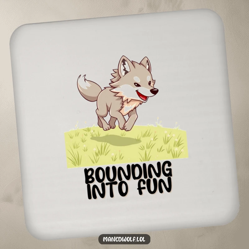 Funny maned wolf drink coasters depicting a wolf joyfully bounding across an open field.