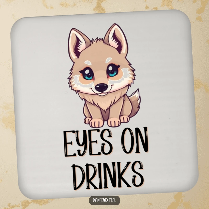 Funny Maned Wolf Coaster: Small character looking up with curious eyes, a fun accessory for protecting surfaces with innocent wonder.