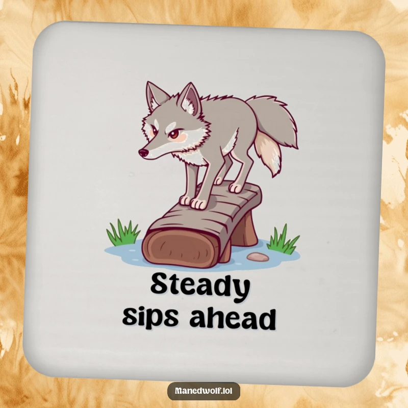 Funny determined maned wolf coaster, crossing a log bridge, adds a stable and focused touch.