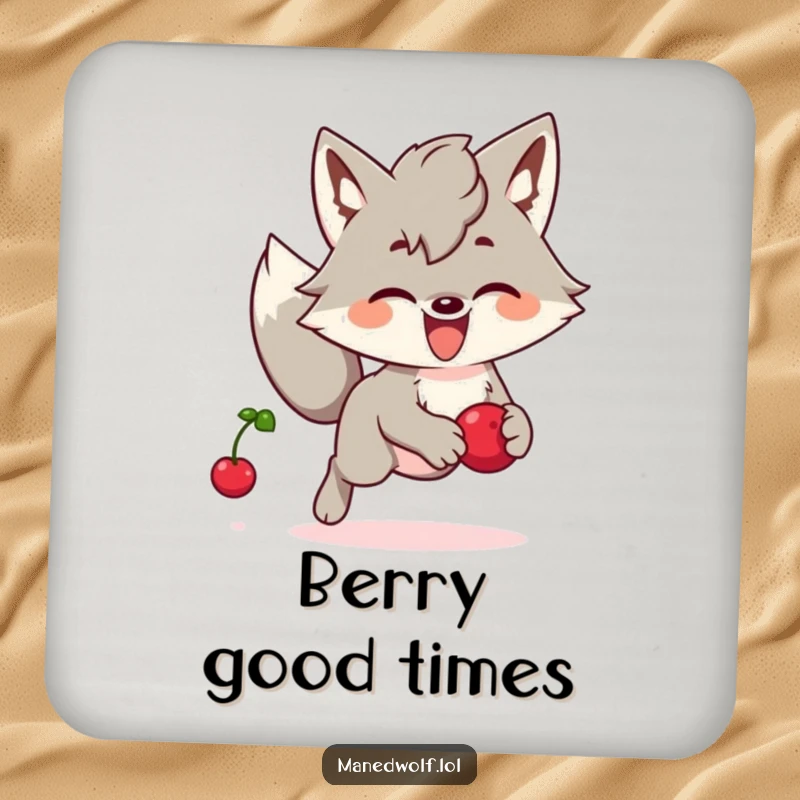 Funny Kawaii Maned Wolf Coaster: A cute maned wolf joyfully chasing a bouncing berry, protecting surfaces with humor.