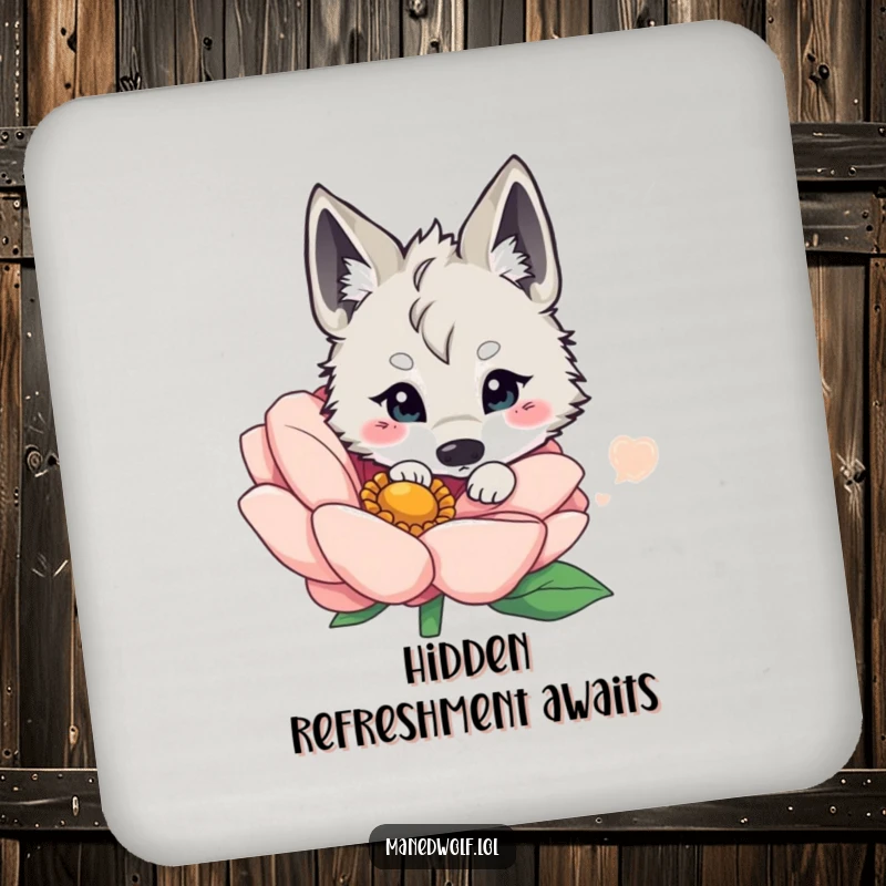 Funny kawaii maned wolf peeking from behind a large flower, acting as a cute and protective drink coaster.