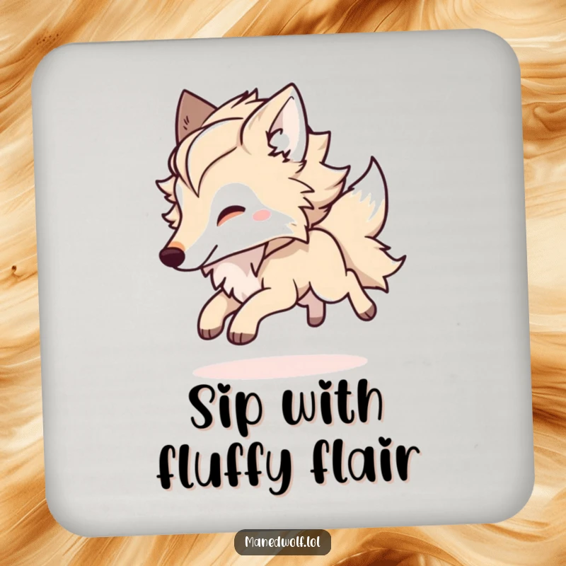 Funny Kawaii Maned Wolf Coaster showcasing a fluffy-maned wolf bounding playfully, protecting surfaces with a touch of cheerful art.