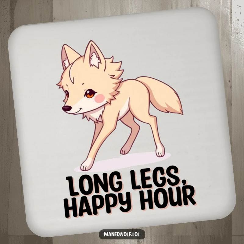 Funny Kawaii maned wolf coaster featuring long legs striding elegantly, protecting surfaces with humor and charming design.