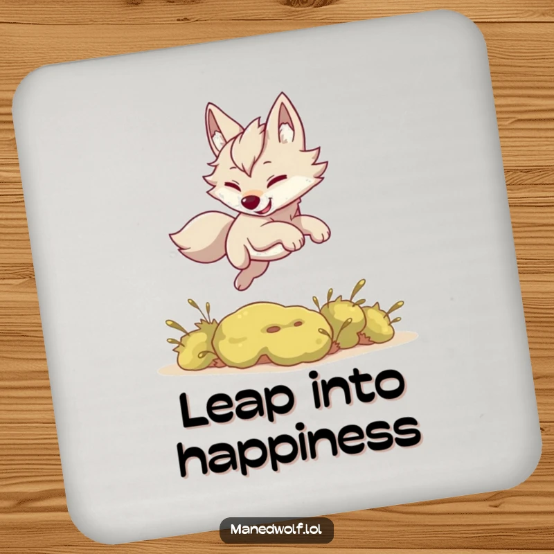 Funny coaster set with a kawaii maned wolf playfully leaping over a small bush, protecting surfaces.