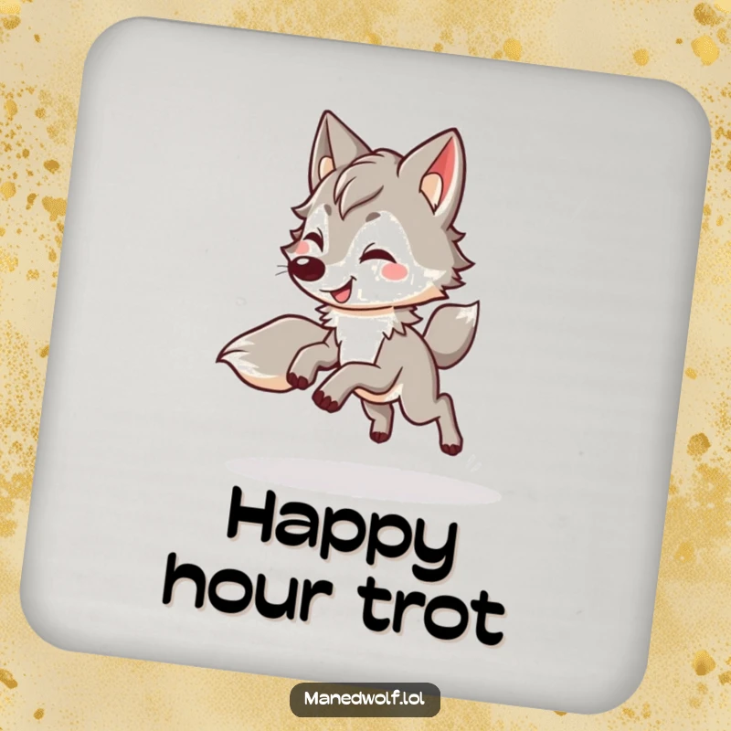Funny kawaii maned wolf coasters set featuring a cute wolf doing a happy, bouncy trot, protecting surfaces with cheerful humor.