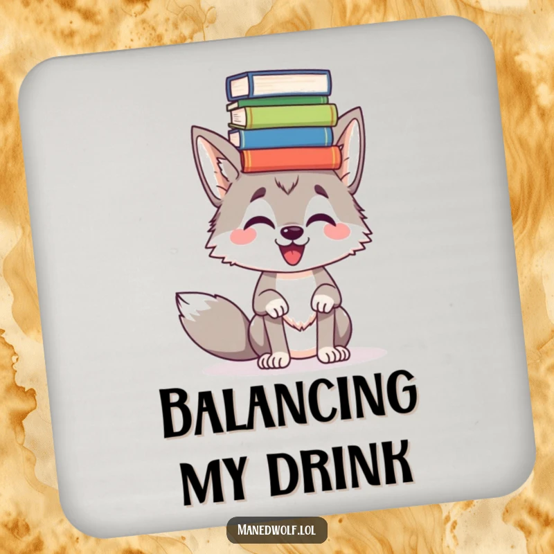 Funny Maned wolf balancing books on its head, featured on a drink coaster, a humorous and practical accessory.