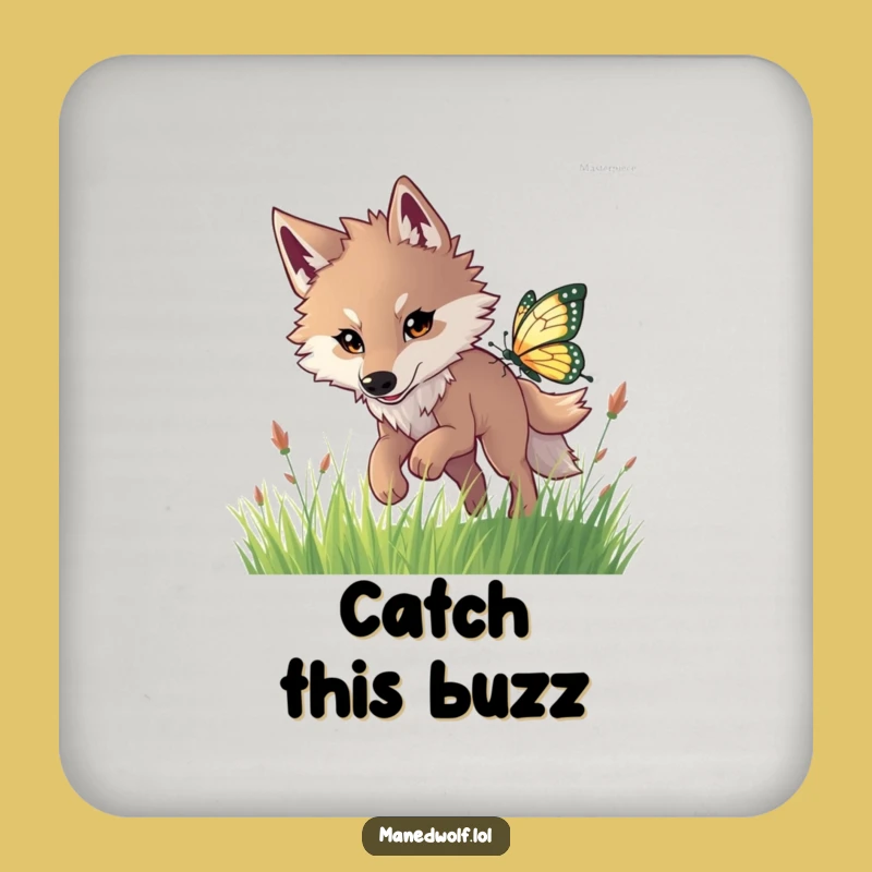 Funny Maned Wolf Butterfly Chase Coaster: Sip with Playful Vigor!