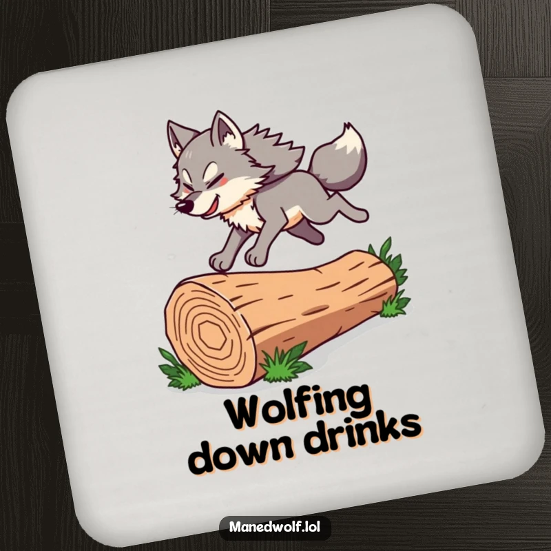 Funny Maned Wolf Coaster showcasing an energetic character leaping, protecting surfaces with a humorous and dynamic design.