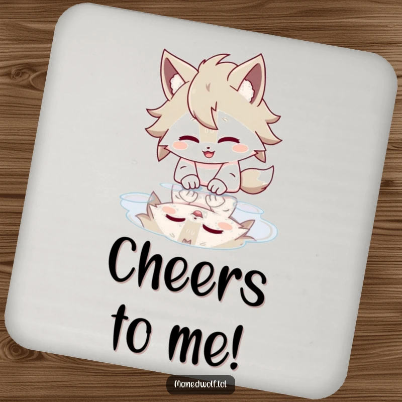 Funny drink coaster featuring a maned wolf character giggling while looking at its reflection in a puddle.