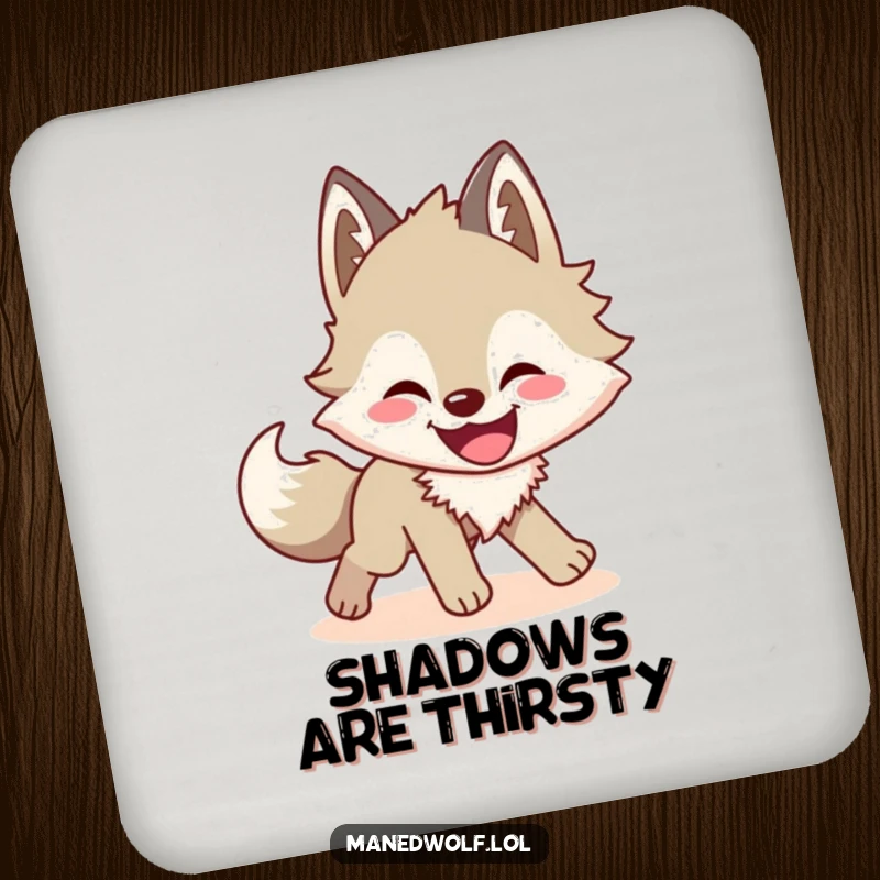 Funny maned wolf drink coasters showing a wolf's humorous shadow-chasing scene, protecting furniture with a dash of comedy.