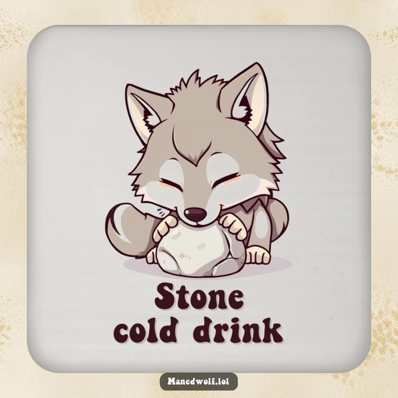 Funny maned wolf drink coaster showing a playful wolf nudging a small, round stone, protecting furniture.