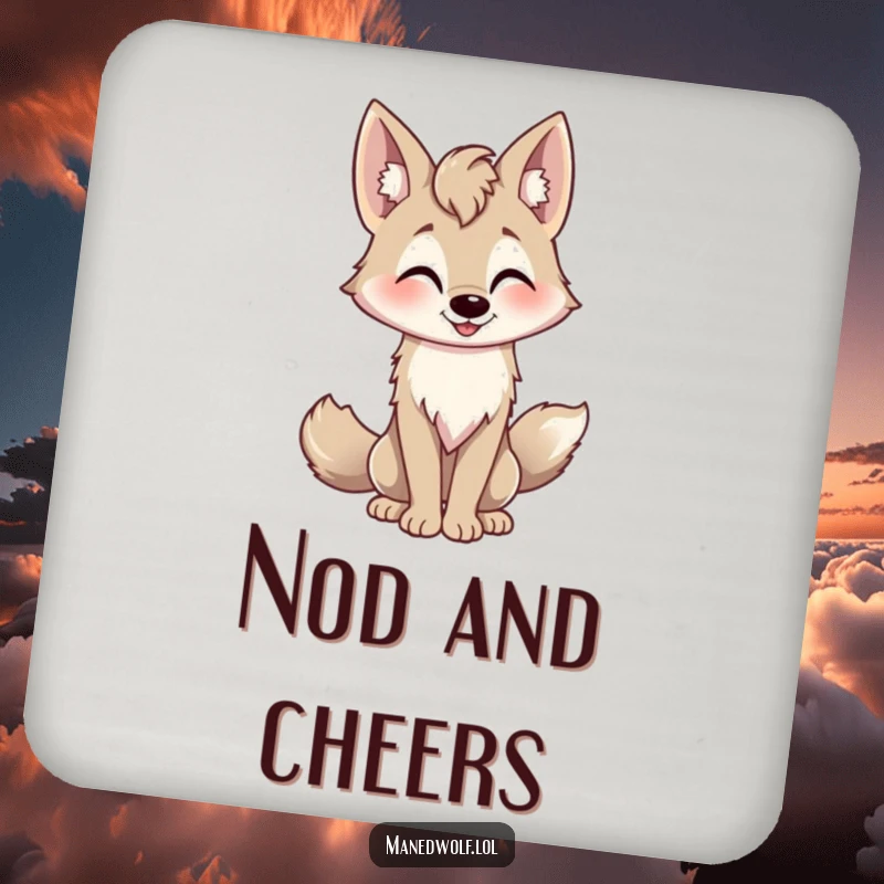 Funny playful maned wolf coaster, tail wagging, friendly nod, adds a welcoming touch to any surface.