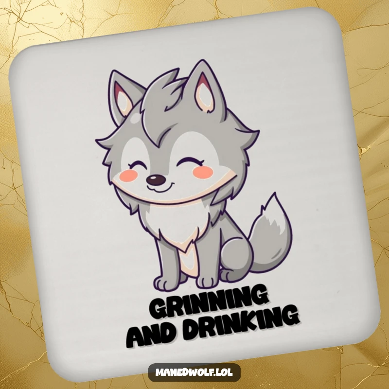 Funny maned wolf coaster with a cute character sporting a big happy grin and a swiftly wagging tail, adding cheer to drink areas.