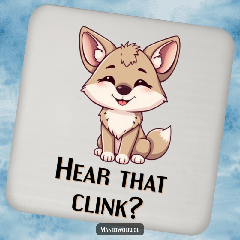 Funny maned wolf drink coaster showing a happy wolf tilting its head with alert ears, protecting furniture.