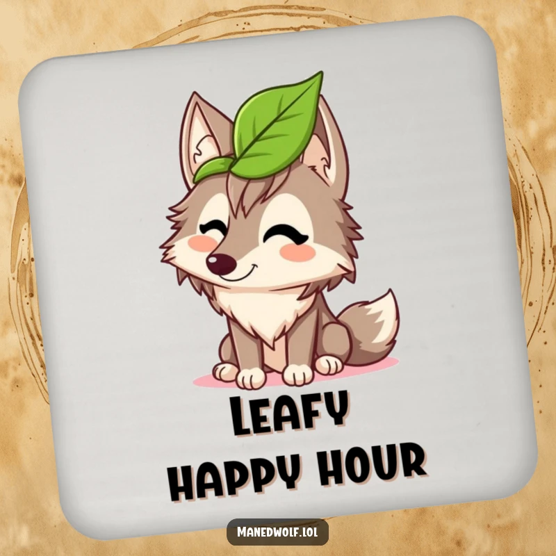 Funny maned wolf drink coasters featuring a wolf giggling with a leaf hat, adding playful charm and surface protection with humor.