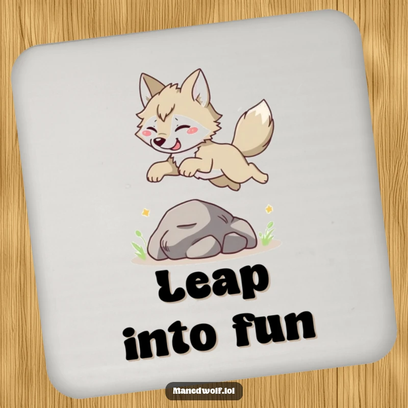 Funny Maned Wolf Coaster: Character joyfully leaping, a fun and practical accessory to protect surfaces with playful art.
