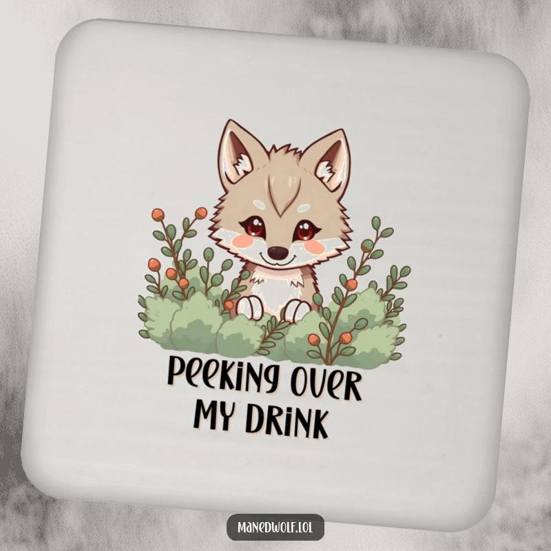 Funny Kawaii Maned Wolf Coaster featuring a cute wolf peeking from behind bushes, adding playful, mysterious art to your tables.
