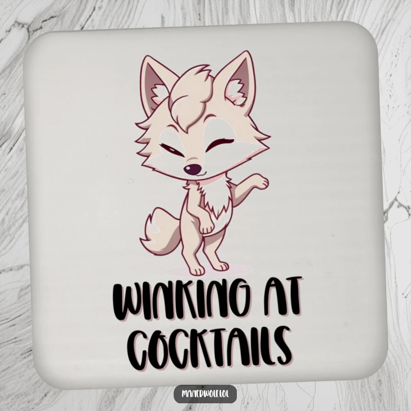 Funny maned wolf coaster with a character winking playfully while balancing on one paw, adding a touch of humor to drink areas.