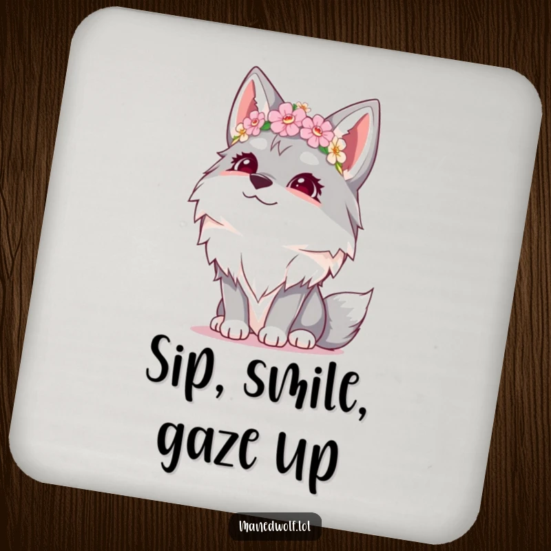 Funny drink coaster featuring a giggling maned wolf crowned with flowers, looking up with a cheerful expression.