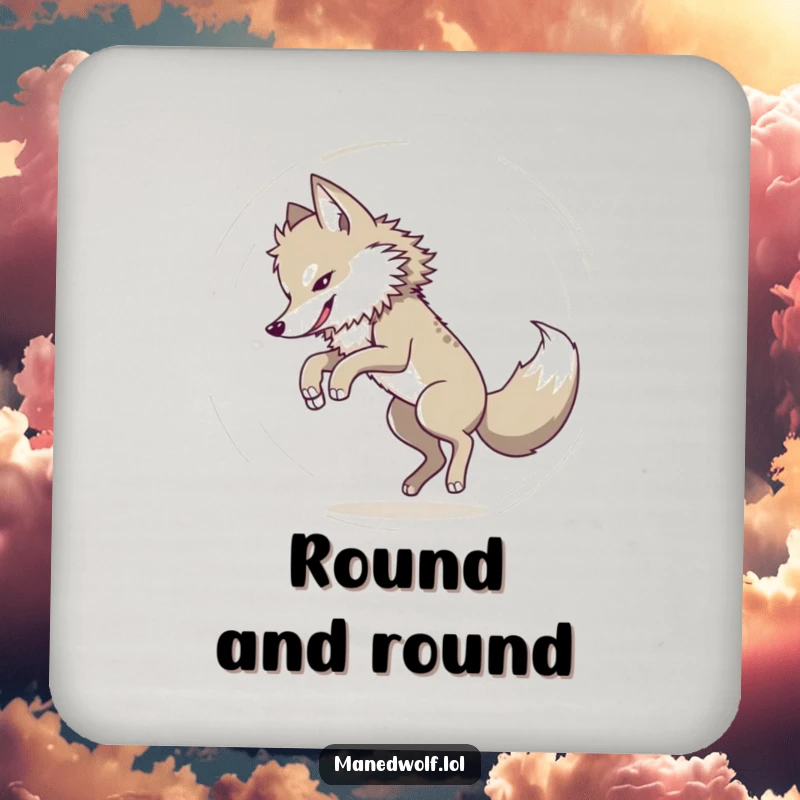 Funny Maned wolf chasing its tail in a dizzy circle, featured on a drink coaster, a humorous and practical accessory.