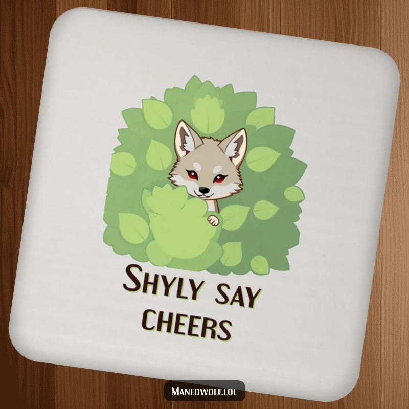 Funny shy maned wolf coaster, peeking from a bush, adds subtle charm to any table setting.