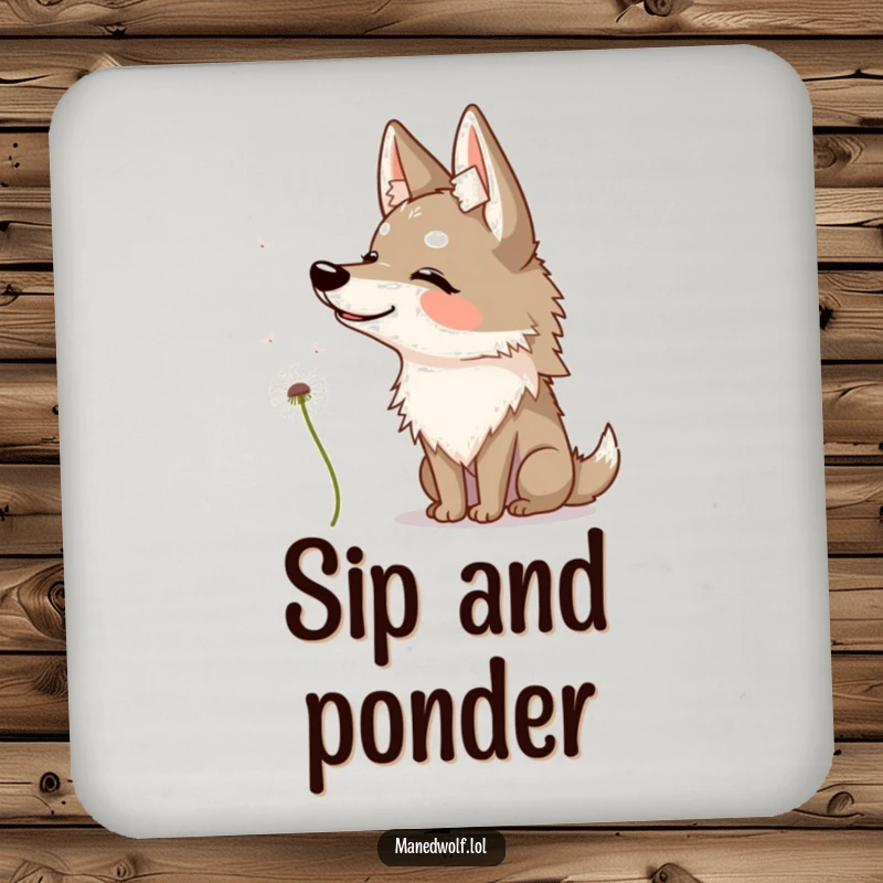 Funny maned wolf coaster featuring a wolf tilting its head quizzically at a dandelion seed.