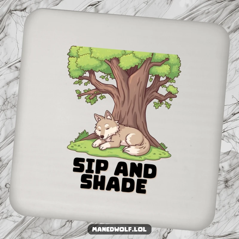 Funny maned wolf coaster featuring a content maned wolf resting peacefully under a large tree.