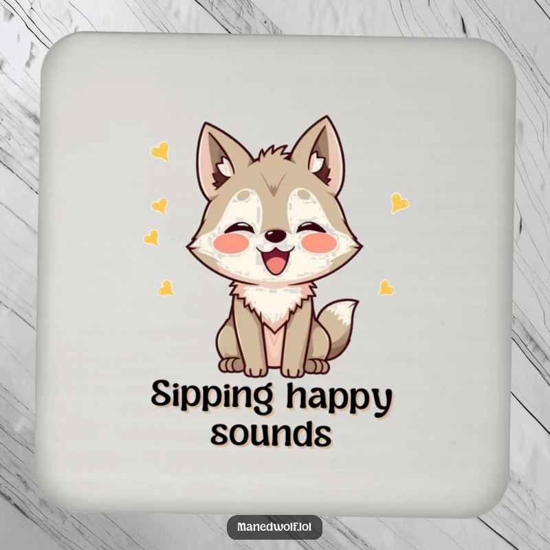 Funny Kawaii Maned Wolf Coaster displaying a cute wolf making happy chirping sounds, perfect for protecting surfaces humorously.