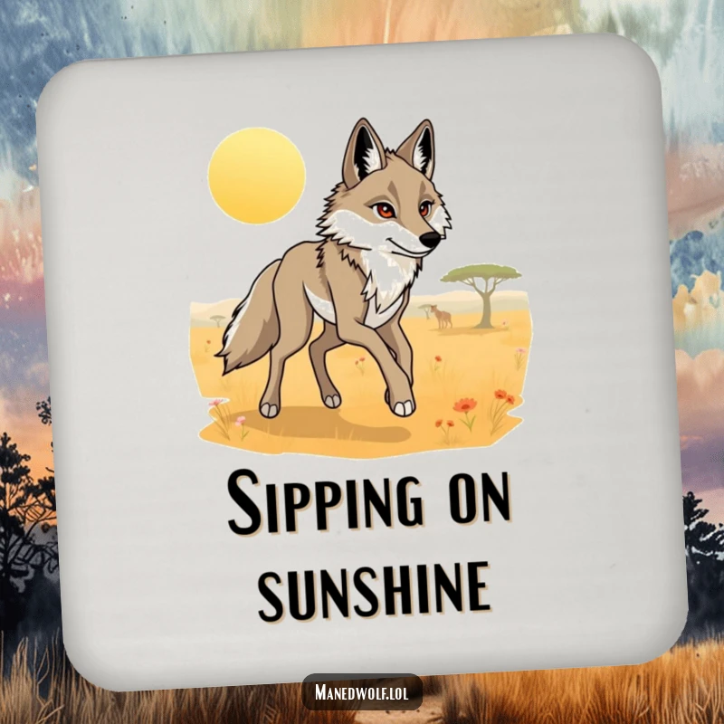 Funny maned wolf drink coaster showing a graceful wolf trotting through a sunlit savanna.