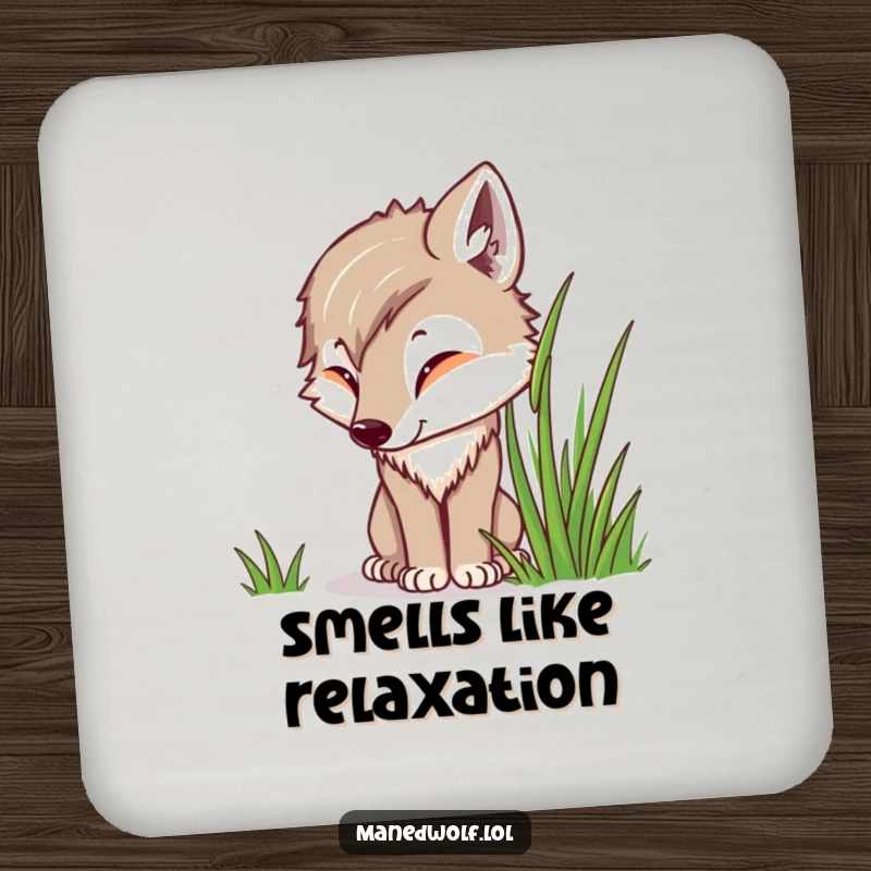 Funny Kawaii Maned Wolf Coaster featuring a cute wolf curiously sniffing grass, adding a touch of nature-inspired art.