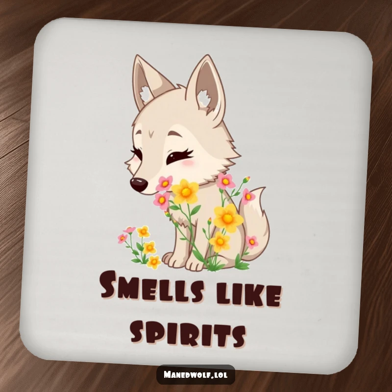 Funny maned wolf coaster with a character delightedly sniffing a bouquet of wildflowers, adding floral charm to drink areas.