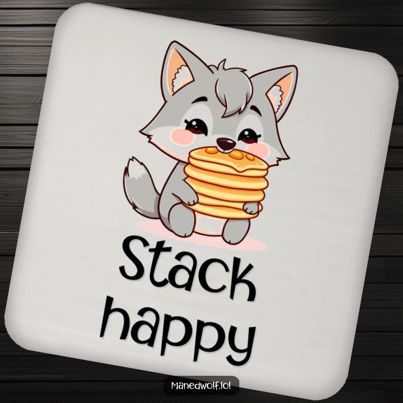 Funny drink coaster featuring a kawaii maned wolf balancing a stack of pancakes on its nose, adding food and cute decor.