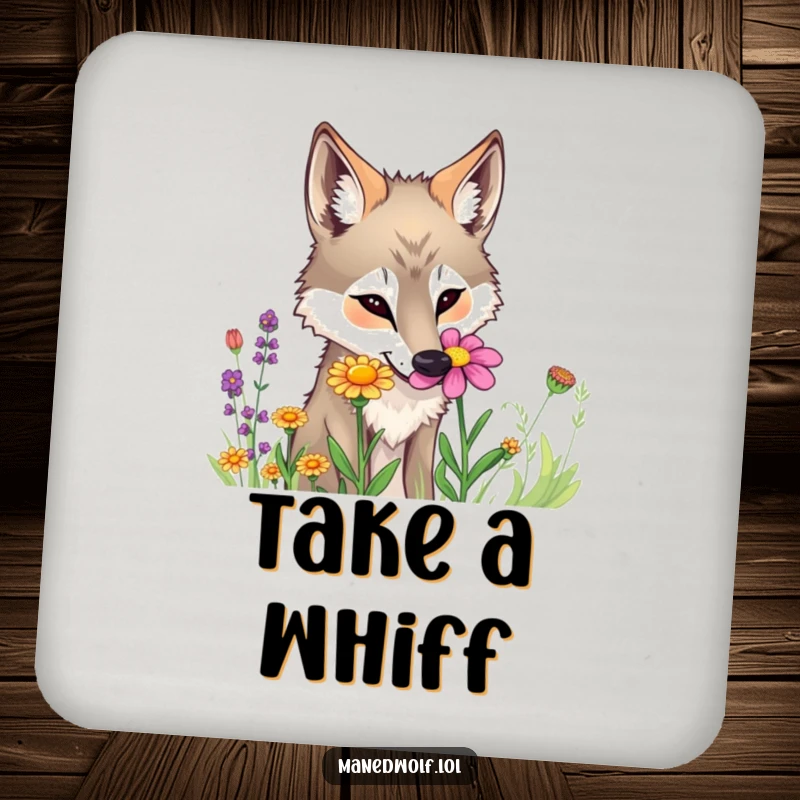 Funny maned wolf coaster featuring a curious wolf sniffing a colorful wildflower.
