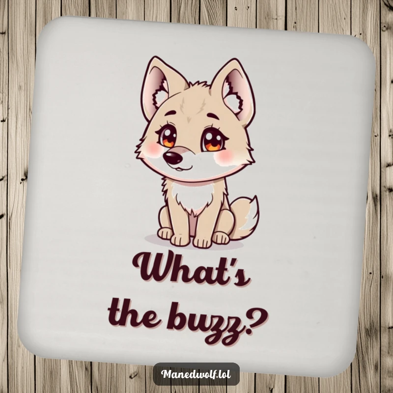 Funny maned wolf coaster featuring a curious maned wolf with fluffy ears tilting its head.