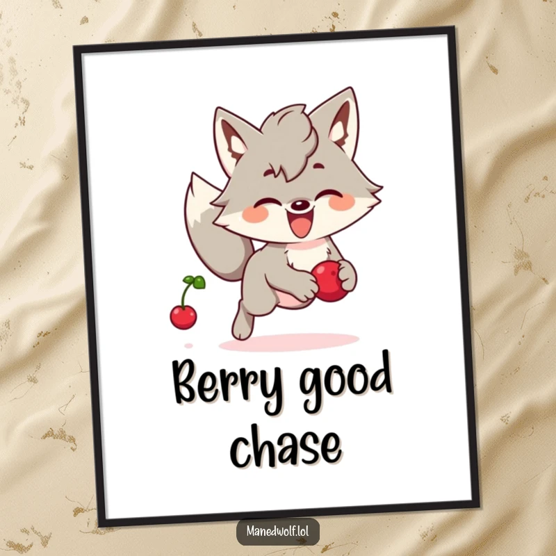 Funny Kawaii Maned Wolf Poster: A cute maned wolf joyfully chasing a bouncing berry, bringing playful humor to walls.