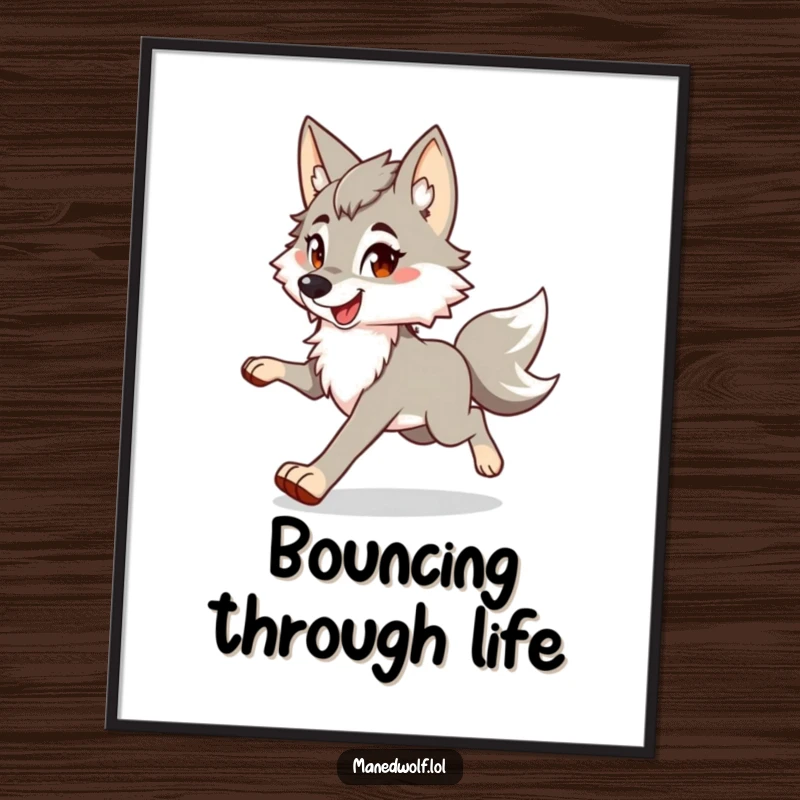 Funny maned wolf poster capturing a character mid-bounce in a trot, embodying playful happiness and energetic movement.