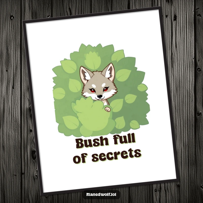 Funny shy maned wolf poster, peeking from behind a leafy bush, whimsical art for a serene space.