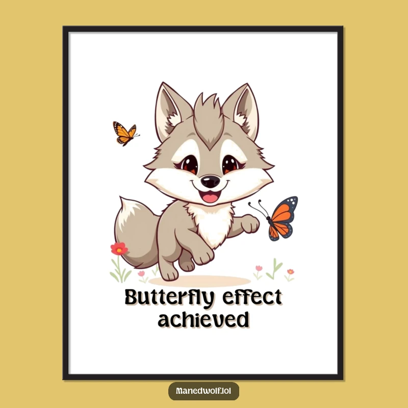 Funny Maned Wolf Butterfly Chase Poster: Bring Wildly Hilarious Art Home!