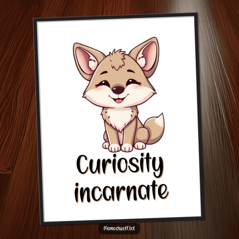 Funny maned wolf poster depicting a smiling wolf tilting its head, large ears perked, a heartwarming sight.