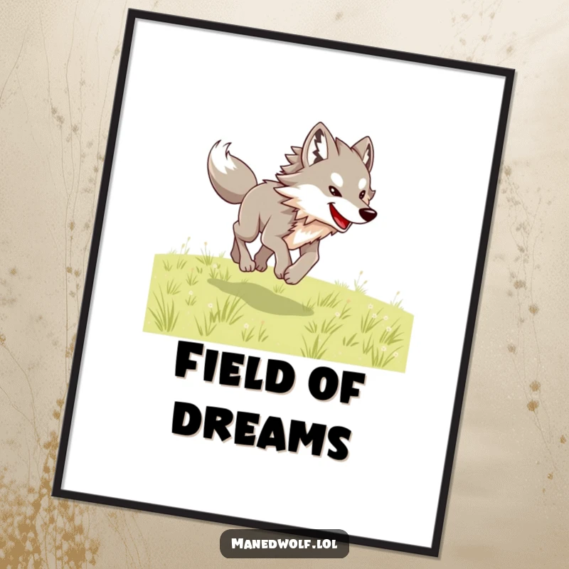 Funny maned wolf poster showing a wolf joyfully bounding across an open field with great animation.