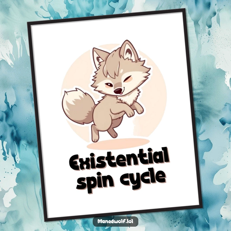 Funny maned wolf poster, a fluffy wolf in a comical, circular chase of its own bushy tail, bringing joy to any wall.