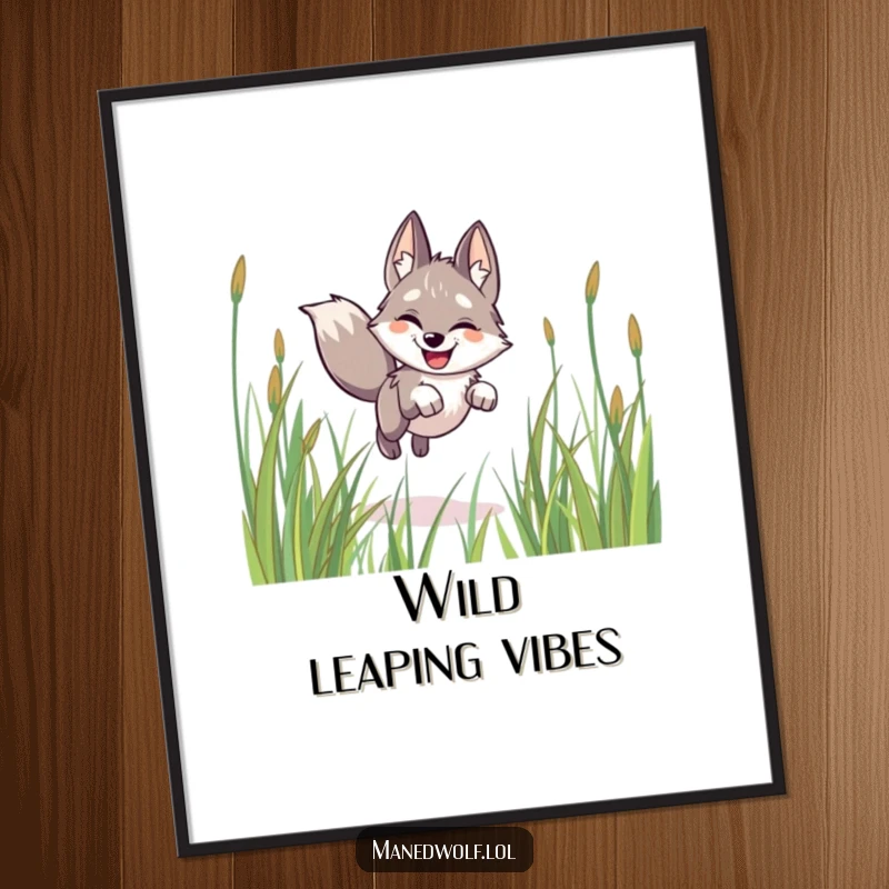 Funny maned wolf poster, happy, leaping joyfully through tall grass, vibrant wall art for a cheerful home.