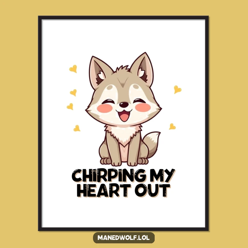 Funny Kawaii Maned Wolf Chirping Poster: Joyful Art, Whimsical Funny Gift Decor!