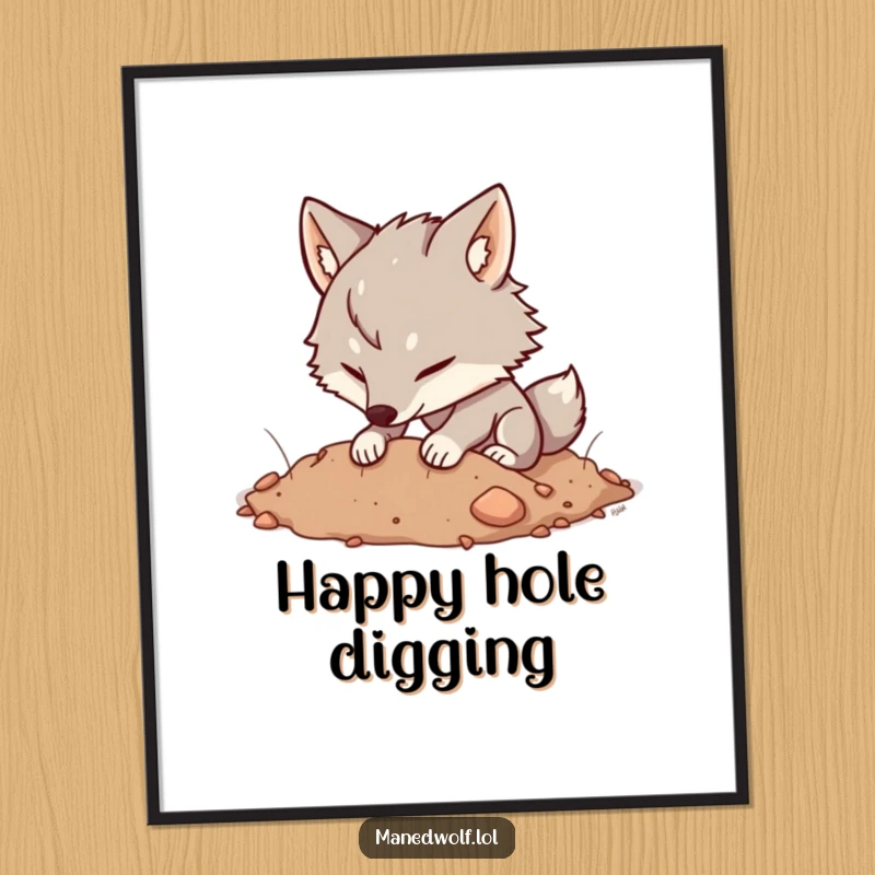 Funny Kawaii Maned Wolf Poster depicting a cute wolf happily digging in soft earth, ideal for humorous wall art, a funny gift.