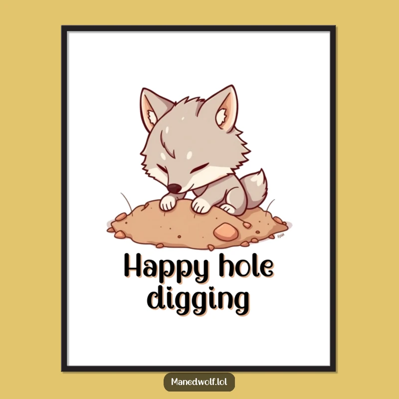 Funny Kawaii Maned Wolf Digging Poster: Earthy Art, Whimsical Funny Gift Decor!